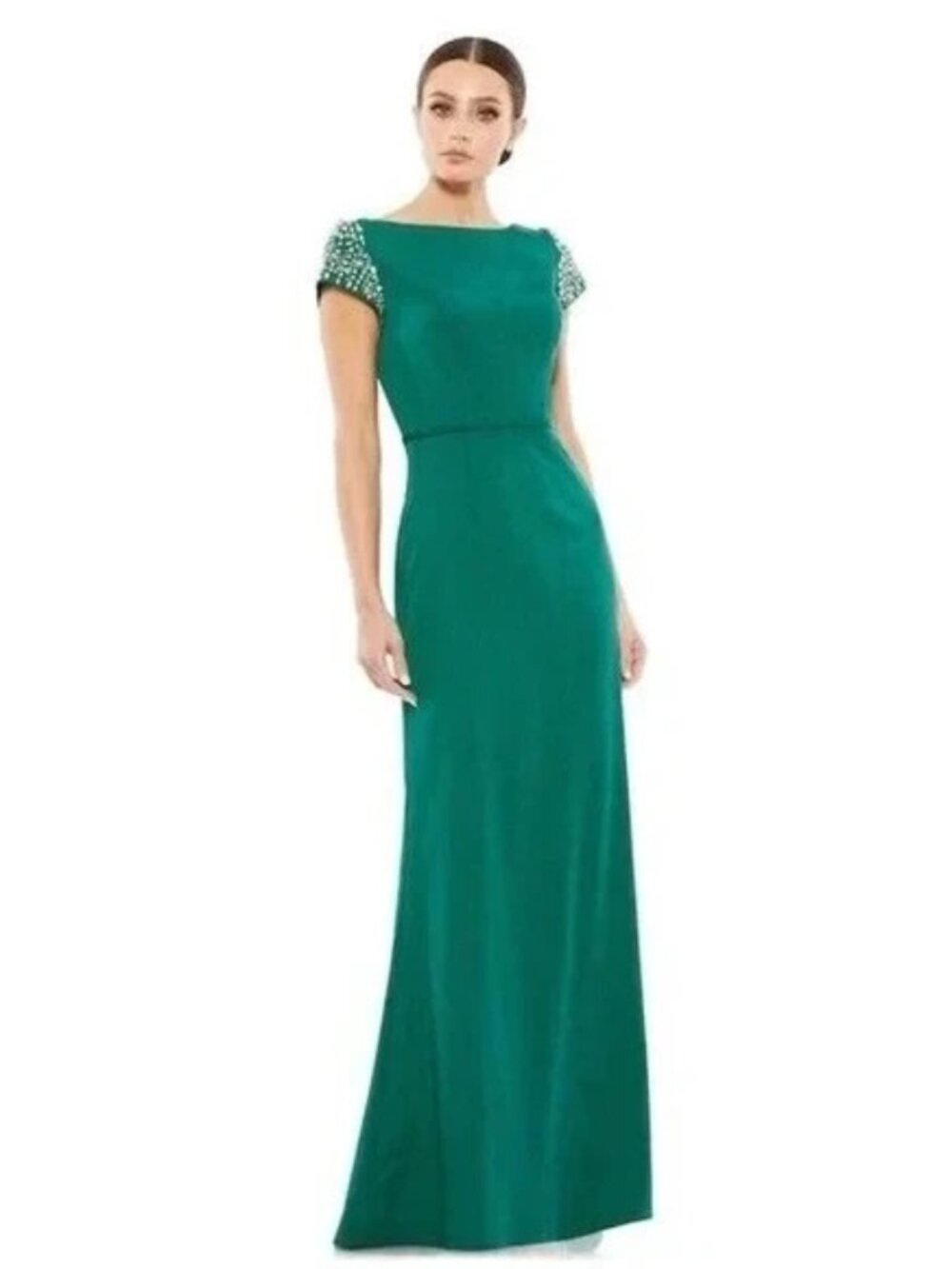 Ieena Mac Duggal Emerald Green Beaded Cap Sleeve Column Gown